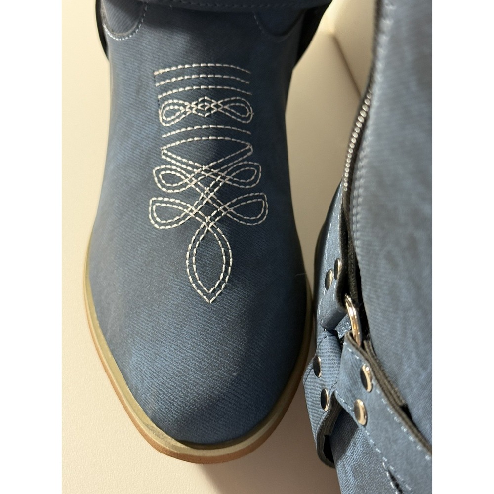 Women's Cowboy Western Jean Boots Heel Embroidery Retro Zipper Shoes Size 10 - Picture 3 of 7